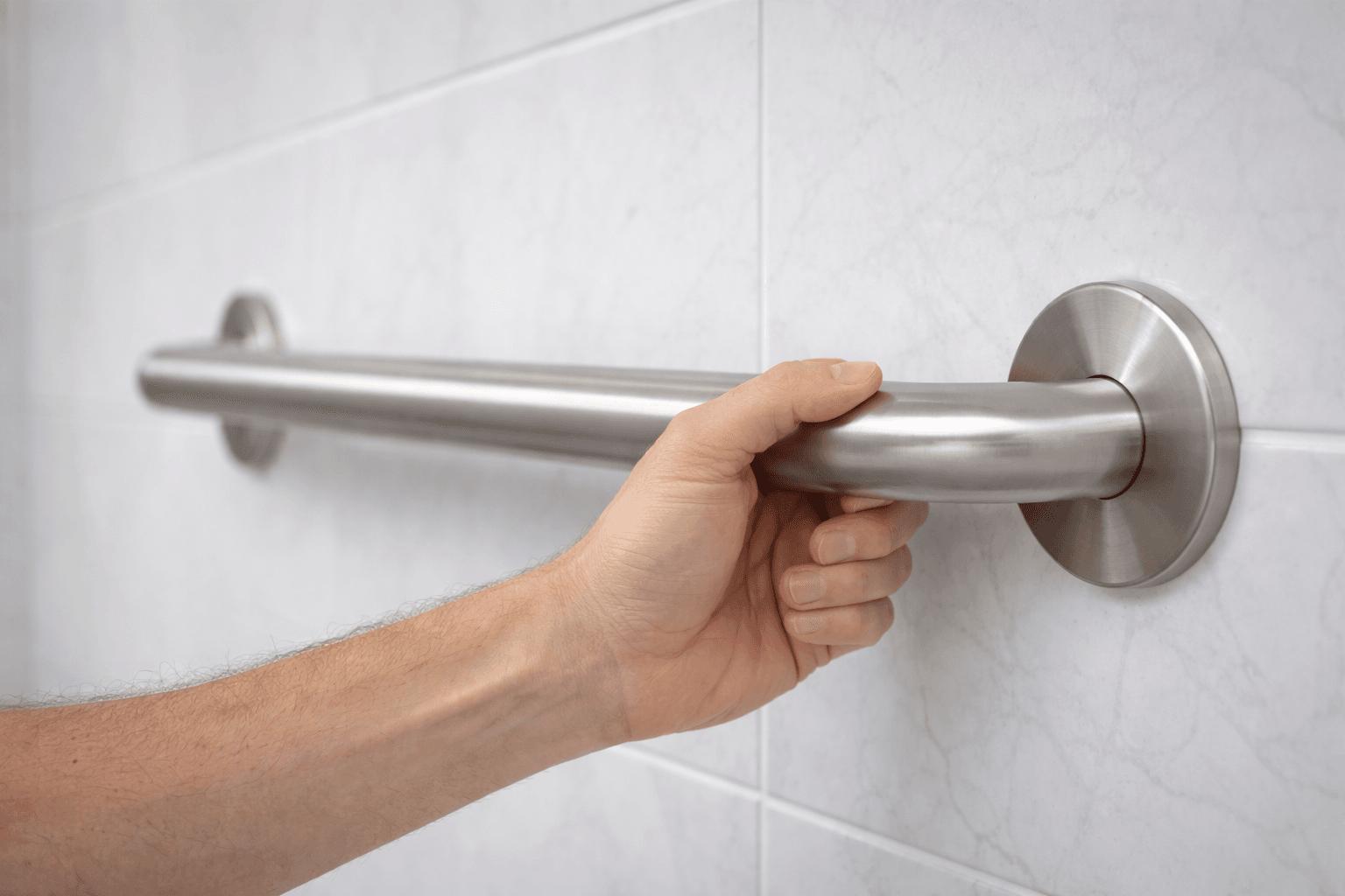 Stainless steel grab bar installed on clean tiled bathroom wall